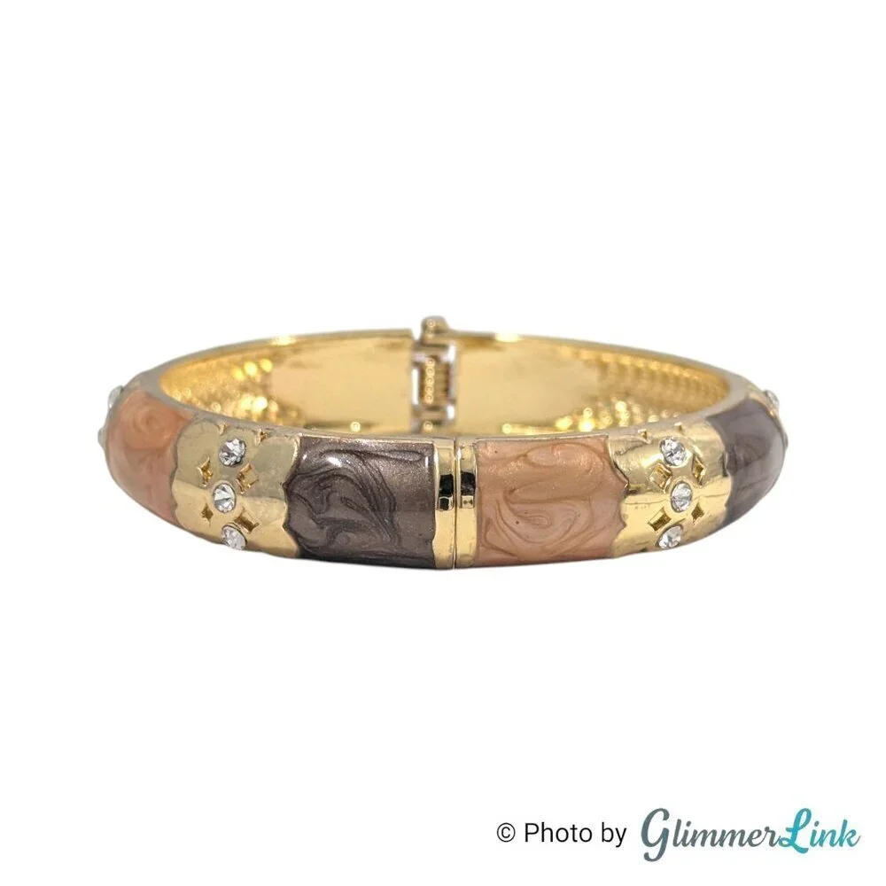 Earth Tone Enamel Gold Tone Hinged Clamper Bracelet